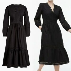 J.Crew Factory Eyelet-trim Midi Dress in Cotton Poplin Black Size Small